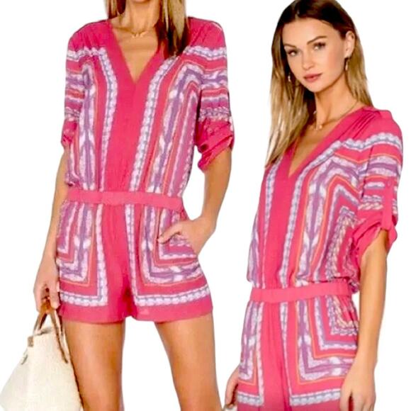 BCBGMAXAZRIA Chiffon Romper Soren Print RollTab Sleeve Pink Coastal Beach Chic - Picture 13 of 13